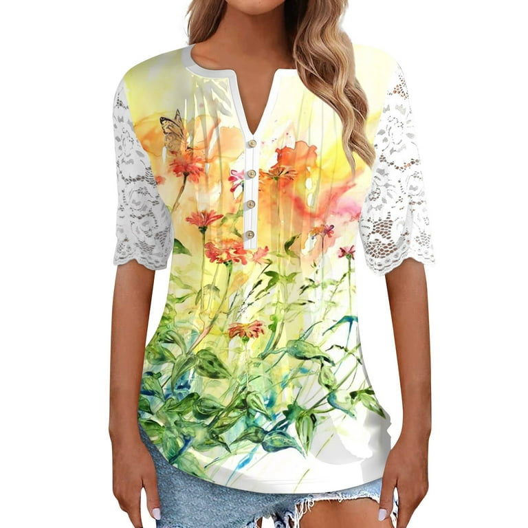 Sksloeg Womens Blouses Trendy Henley Vintage Flower Print Shirts