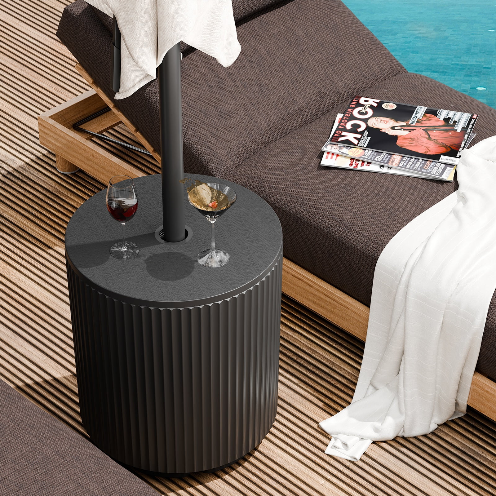 Chiccushion Umbrella Side Table, Patio Umbrella Base with 1.5 inch Hole, Fade & Scratch Resistant Lounger Table for Outdoor, Pool, Picnic, Black