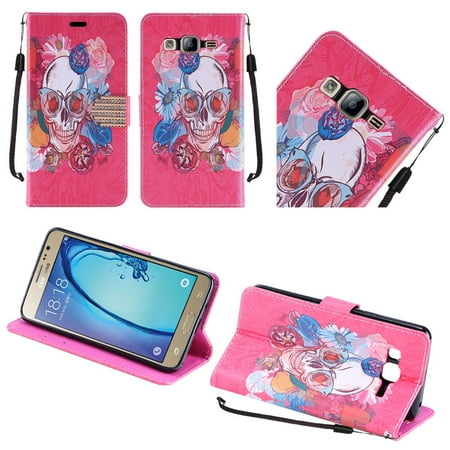 For Samsung Galaxy On5 PU Leather Bling Flip Credit Card Design Wallet - Fashion Skull Flowers Day of the Dead