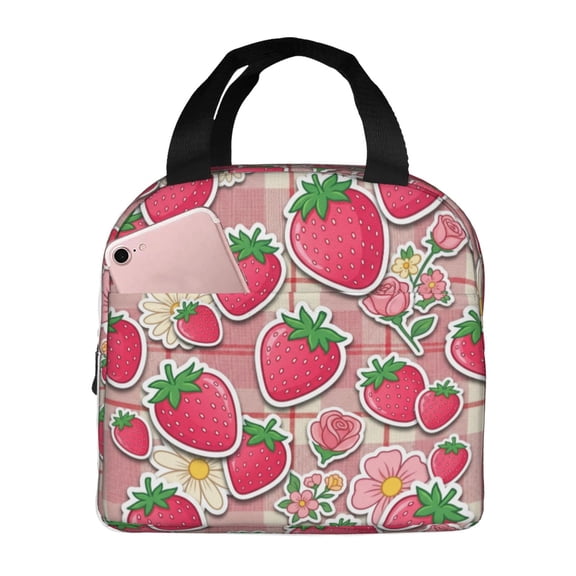 Strawberry Lunch Box, Watercolor Floral Strawberry Design, Insulated Reusable Lunch Tote for Office, Picnic and Daily Use