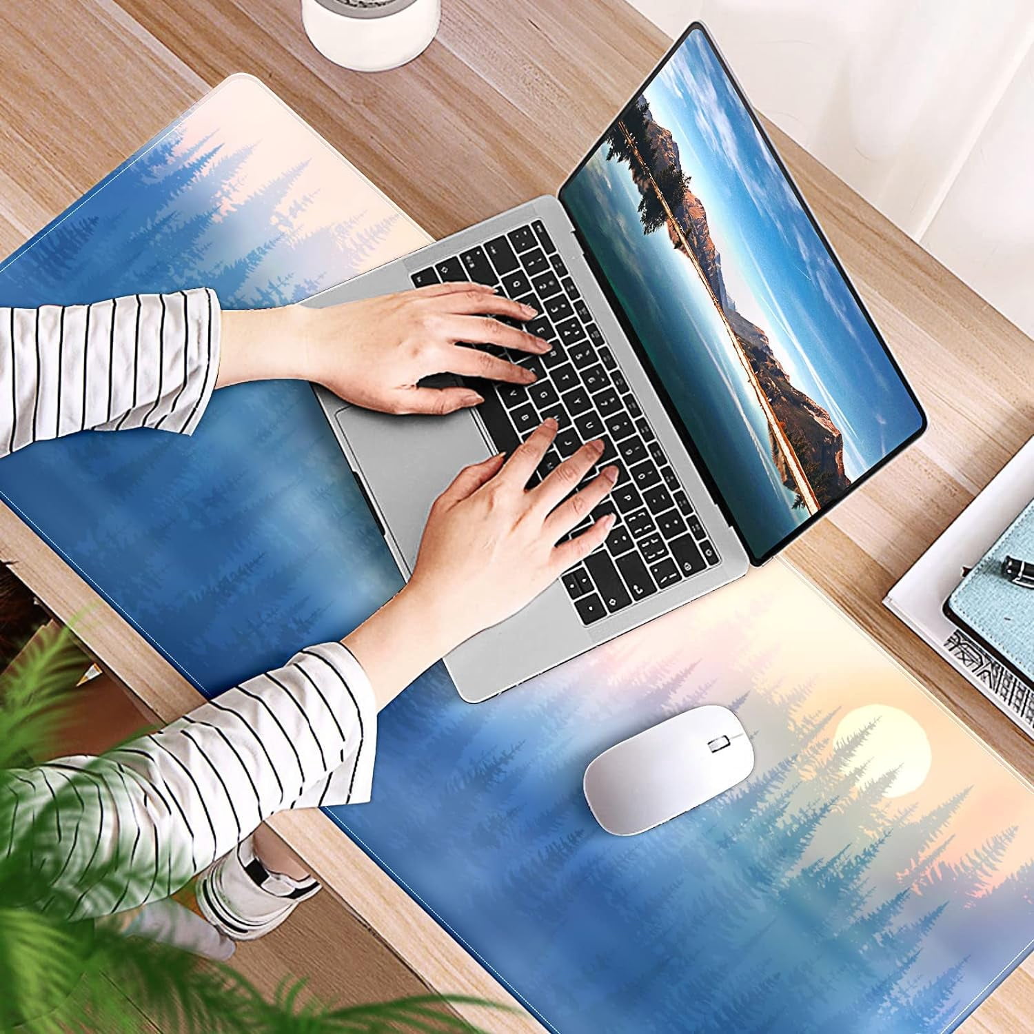 Gradient Forest Sunset Desk Mat, Desk Accessory, Cute Workspace, Trendy Workspace, Trendy, 35.4x15.7in Large Gaming Mouse Pad, Cute Desk Topper, Pretty Desk Pad