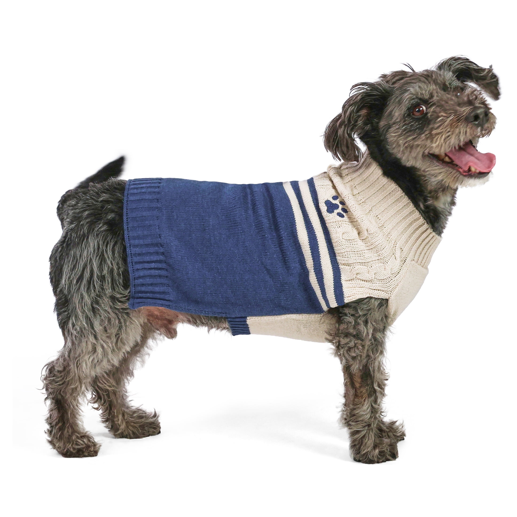 Vibrant Life Cable Knit Sweater for Dogs, Paw Print, Cream and Navy, M