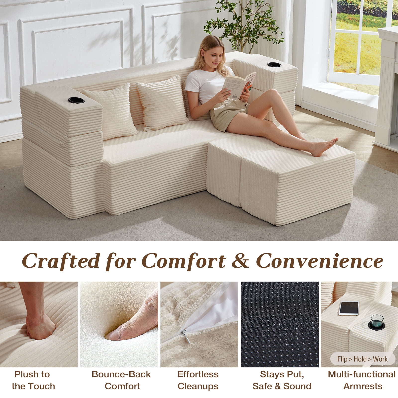 78.7'' Folding Sofa Bed with 2 Ottomans, 3-in-1 Convertible Foam Futon, Flip-Up Armrest with Cup Holder, Oeko-TEX Certified Corduroy, No Assembly Sleeper Couch for Small Space, Beige