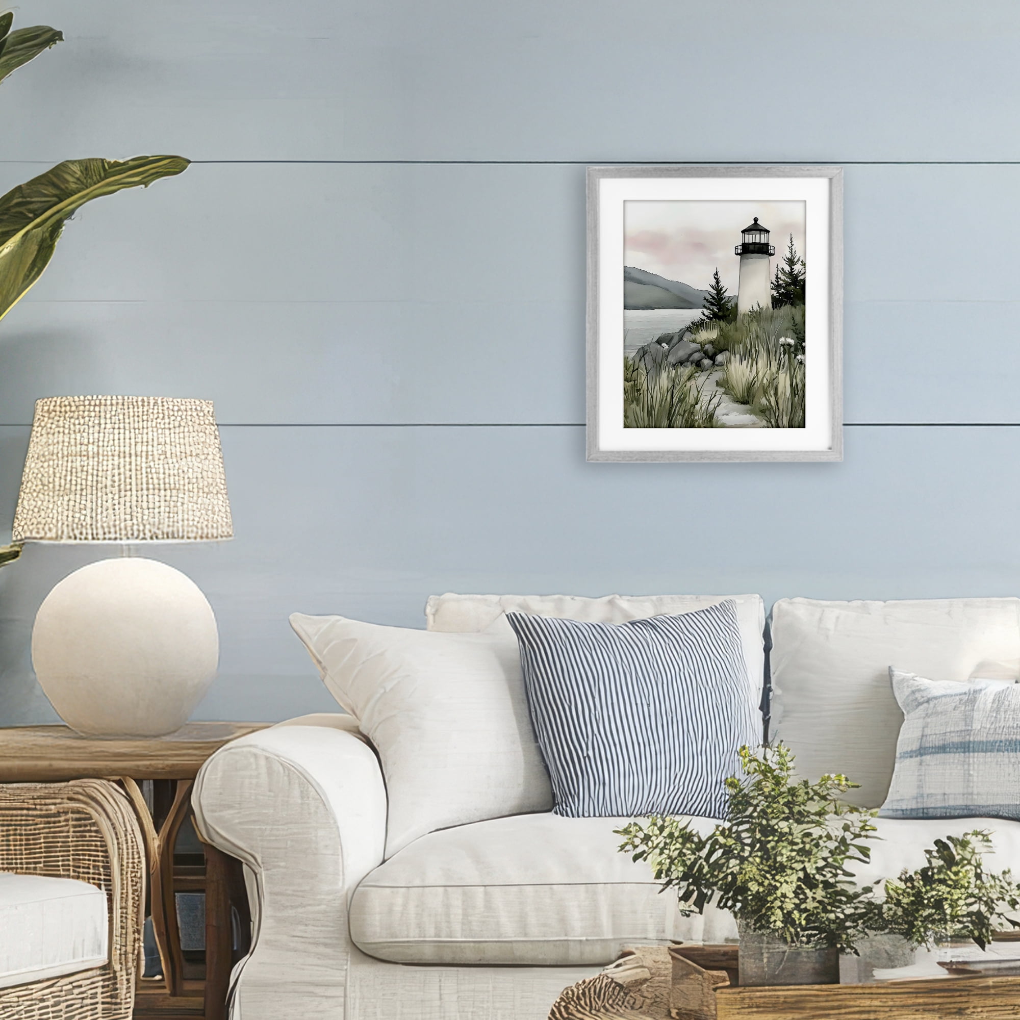 Stupell Industries Coastal Calm Lighthouse Gray Framed Print Under Glass, design by Riley B