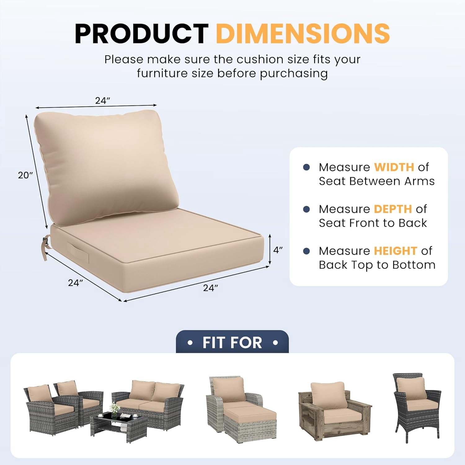 ELPOSUN Outdoor Cushions for Patio Furniture, 24x24 Outdoor Chair Cushions with Waterproof & Fade Resistant Cover, Deep Seat Replacement Patio Cushions with Adjustable Straps & Handle,Beige
