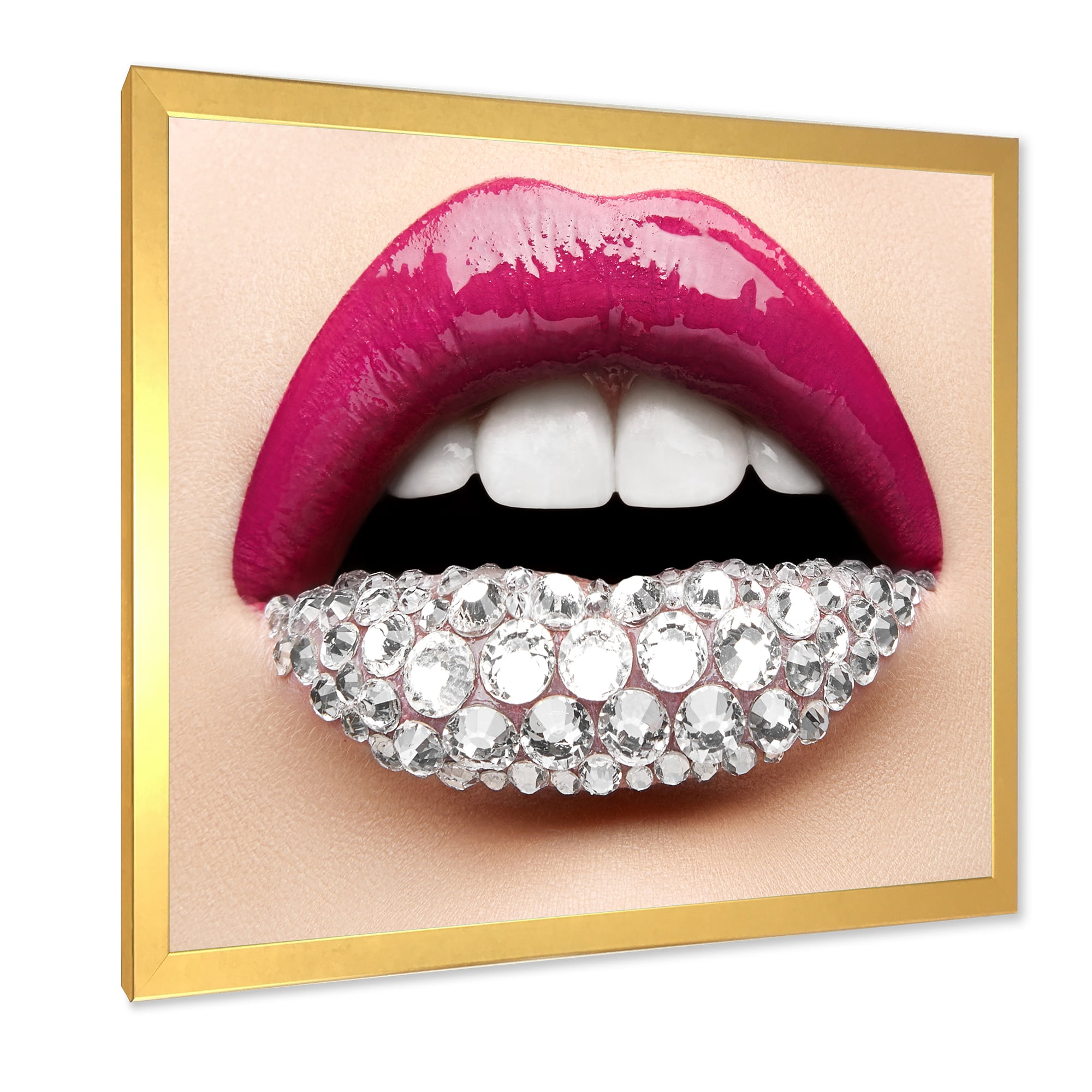 Designart 'Girl Lips With Pink Lipstick White Diamonds' Modern Framed Art Print
