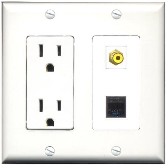 RiteAV - 15 Amp Power Outlet and 1 Port RCA Yellow and 1 Port Cat5e Ethernet Black Decorative Type Wall Plate White