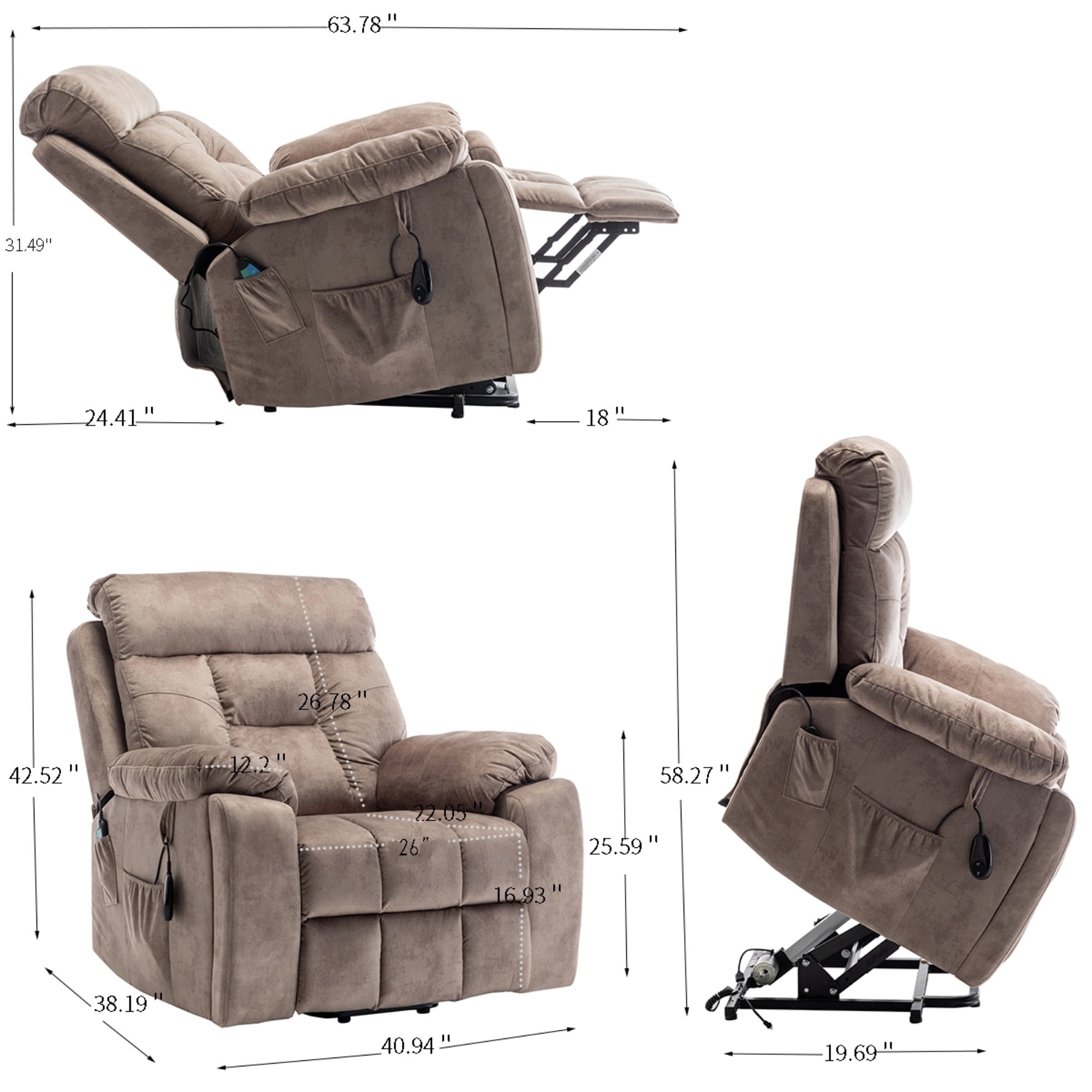 Power Lift Recliner Chair for Father/Mother Gift, 26" Wide Velvet Electric Massage Recliner with Massage & Heat, Living Room Chair, Light Brown