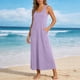 thumbnail image 2 of Vestido de Cuello de Tripulación para las Mujeres Moda Casual Color Sólido sin Mangas Bolsillo Longitud de Tobillo Vestido de Verano Largo para las Mujeres, 2 of 6