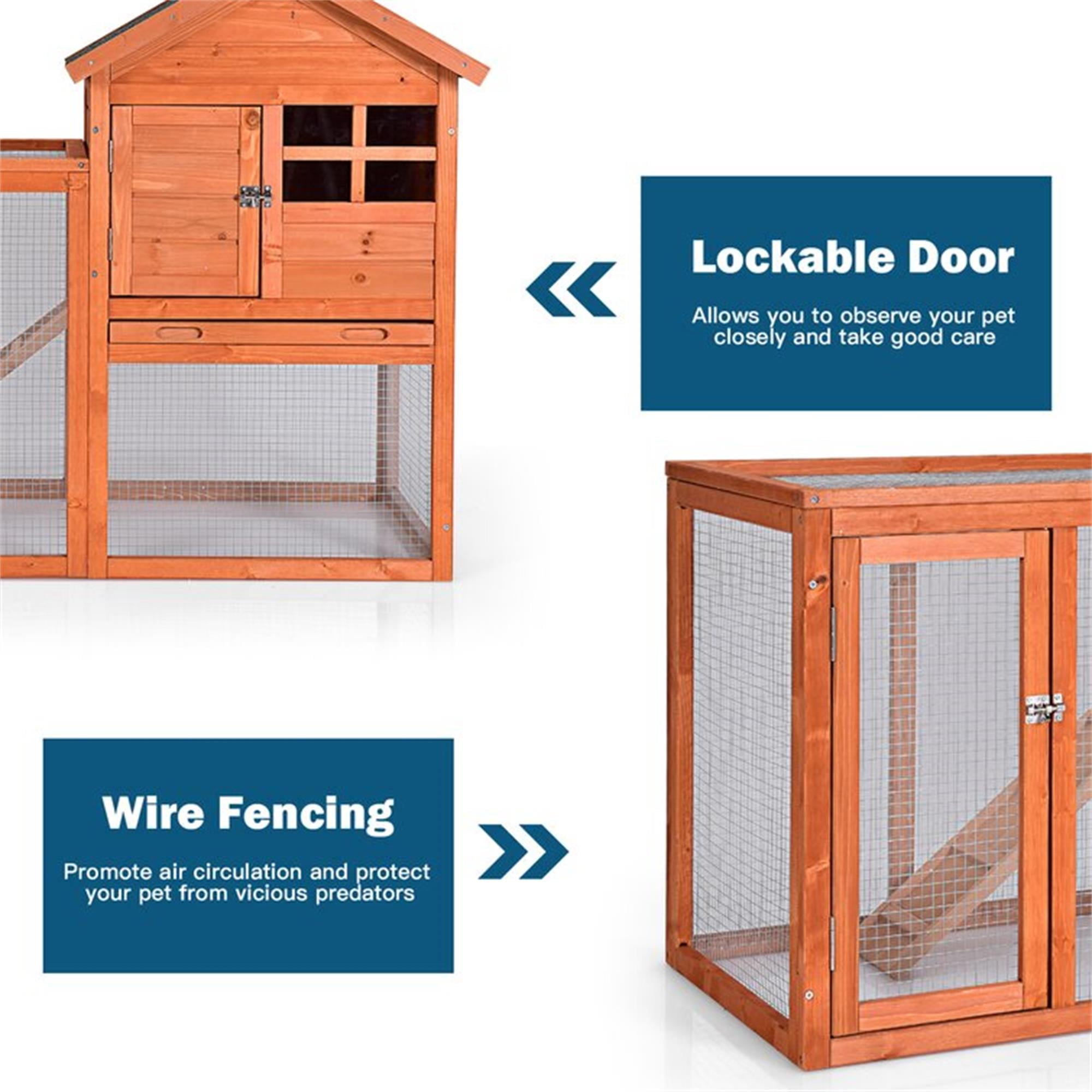 Kadyn 48" Wood 2 Tier Chicken Coop Habitat, Rabbit Hutch for Outdoors, Indoor Guinea Pig Coop Pet House with Stairs, Orange