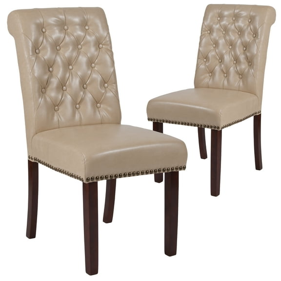 Flash Furniture Set of 2 HERCULES Series Beige LeatherSoft Parsons Chair with Rolled Back, Accent Nail Trim and Walnut Finish