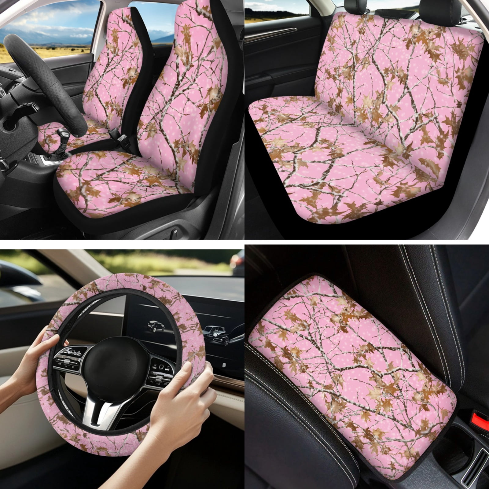 Yuyamidu 13 PCS Camo Hunting Car Seat Covers Set Pink Wood Steering Wheel Cover Seat Belt Covers Car Armrest Cover Cushion Coasters Lipstick Holder Keychain Auto Interior Accessories