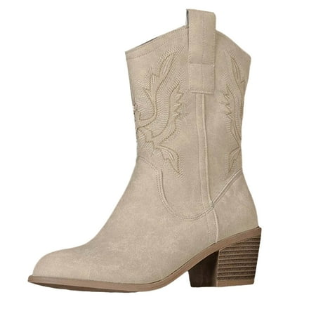 DVKOVI Womens Shoes Dressy Cowgirl Boots Mid Calf Women s V Cut Western Boots Retro Slip On Heeled Cowboy Boots Casual Mid Calf Boots Booties for Women Low Heel White 40