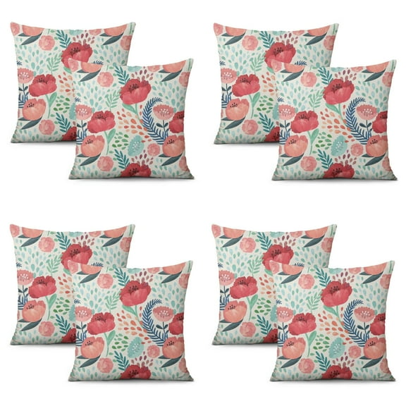 Set Of 4 Floral Rose Pillow Covers 16x16 Inch Linen Decorative Square Throw Pillow Covers for Living Room Sofa Couch Decoration