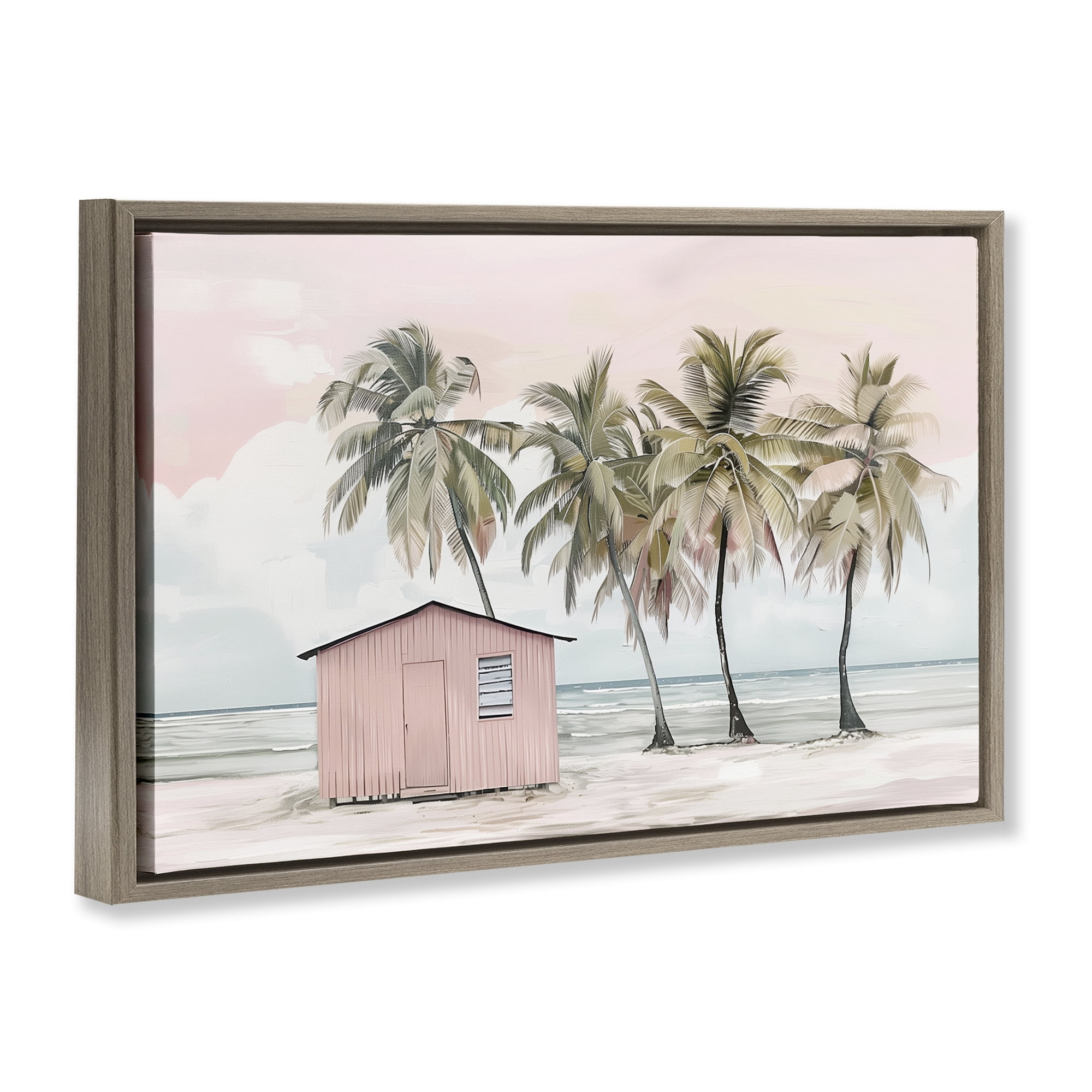 Stupell Industries Pink Beach Hut & Palms Nautical & Beach Painting Brown Floater Framed Canvas Art Print Wall Art, 25 x 17