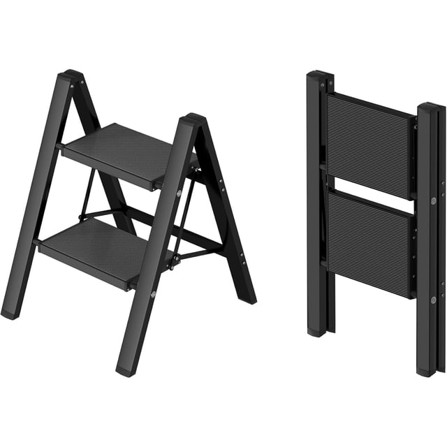 Taranta 5 Step Ladder, Portable Folding Ladder with Wide Pedal, Lightweight Aluminum Step Stool with Convenient Handgrip, 330 lbs Capacity Stepladder for Home, Office - Woodgrain