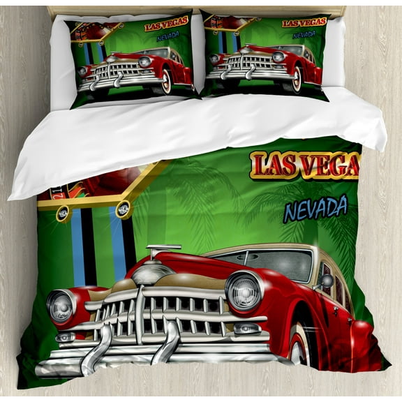 Las Vegas Duvet Cover Set King Size, Welcome Sign to Nevada with Retro Car and Roulette Table on Palm Tree Silhouettes, Decorative 3 Piece Bedding Set with 2 Pillow Shams, Multicolor, by Ambesonne