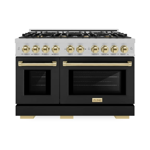 ZLINE Autograph Edition 48 in. 6.7 cu. ft. Double Oven Dual Fuel Range with 8 Burner Gas Cooktop in DuraSnow Stainless Steel with Black Matte Doors and Polished Gold Accents (HDRSZ-BLM-48-G)