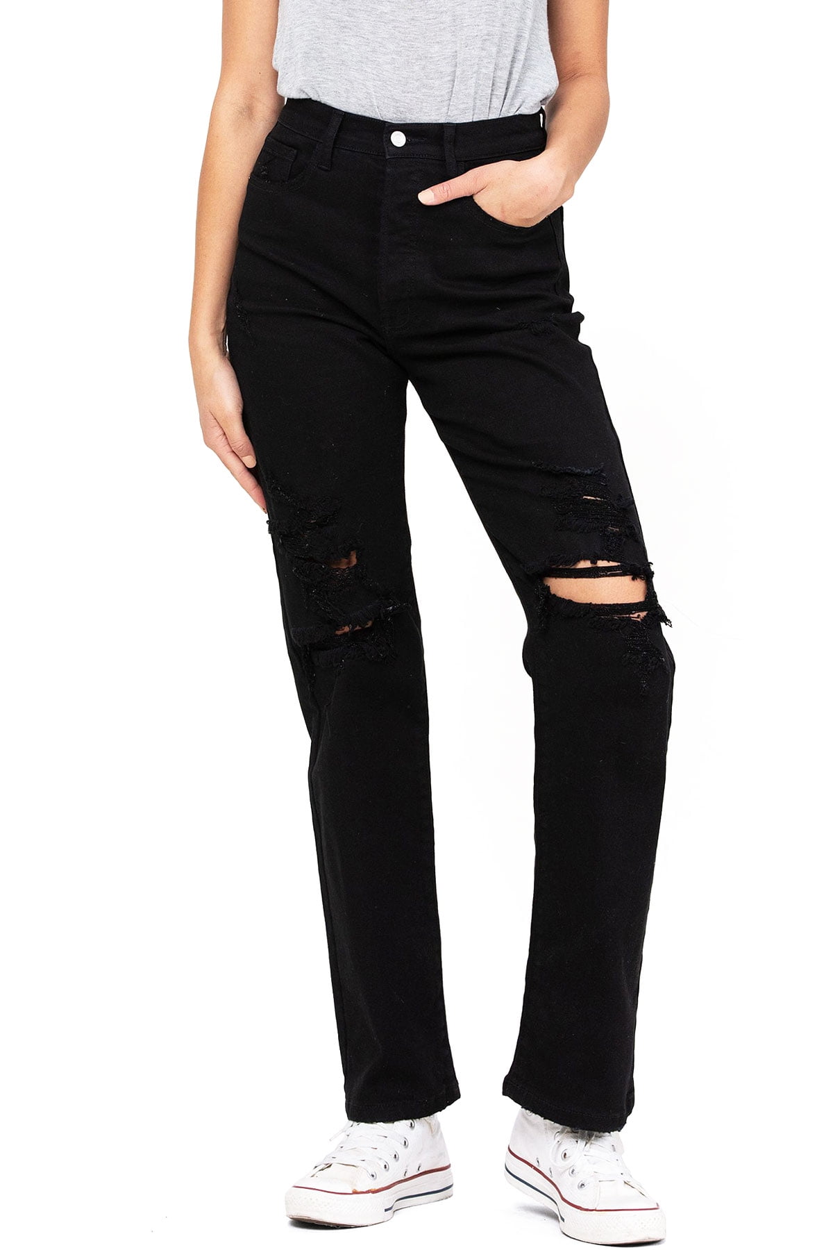 Cello Jeans Women's Juniors Wide Leg Ripped Baggy Dad Jeans (3, Black