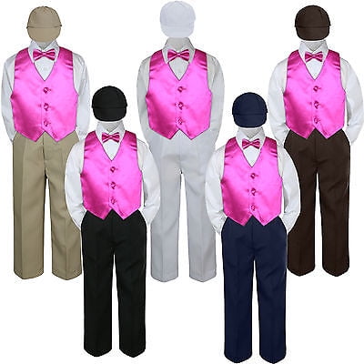 

5pc Boy Suit Set Fuchsia Vest Bow Tie Baby Toddler Kid Formal Hat Pants S-7
