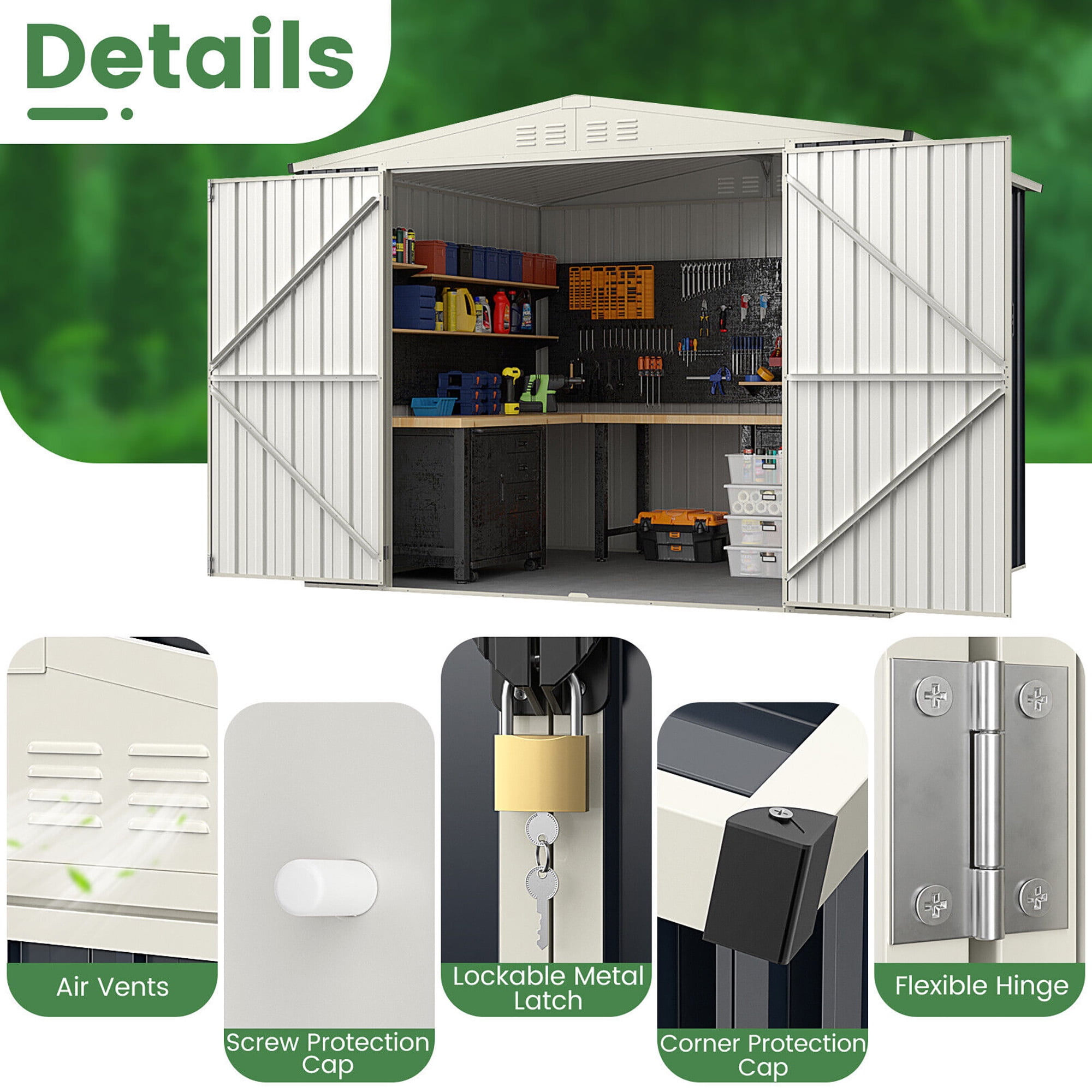 Gymax 8 x 6.3 FT Metal Outdoor Storage Shed w/ Lockable Door Pitched Tool Shed Roof