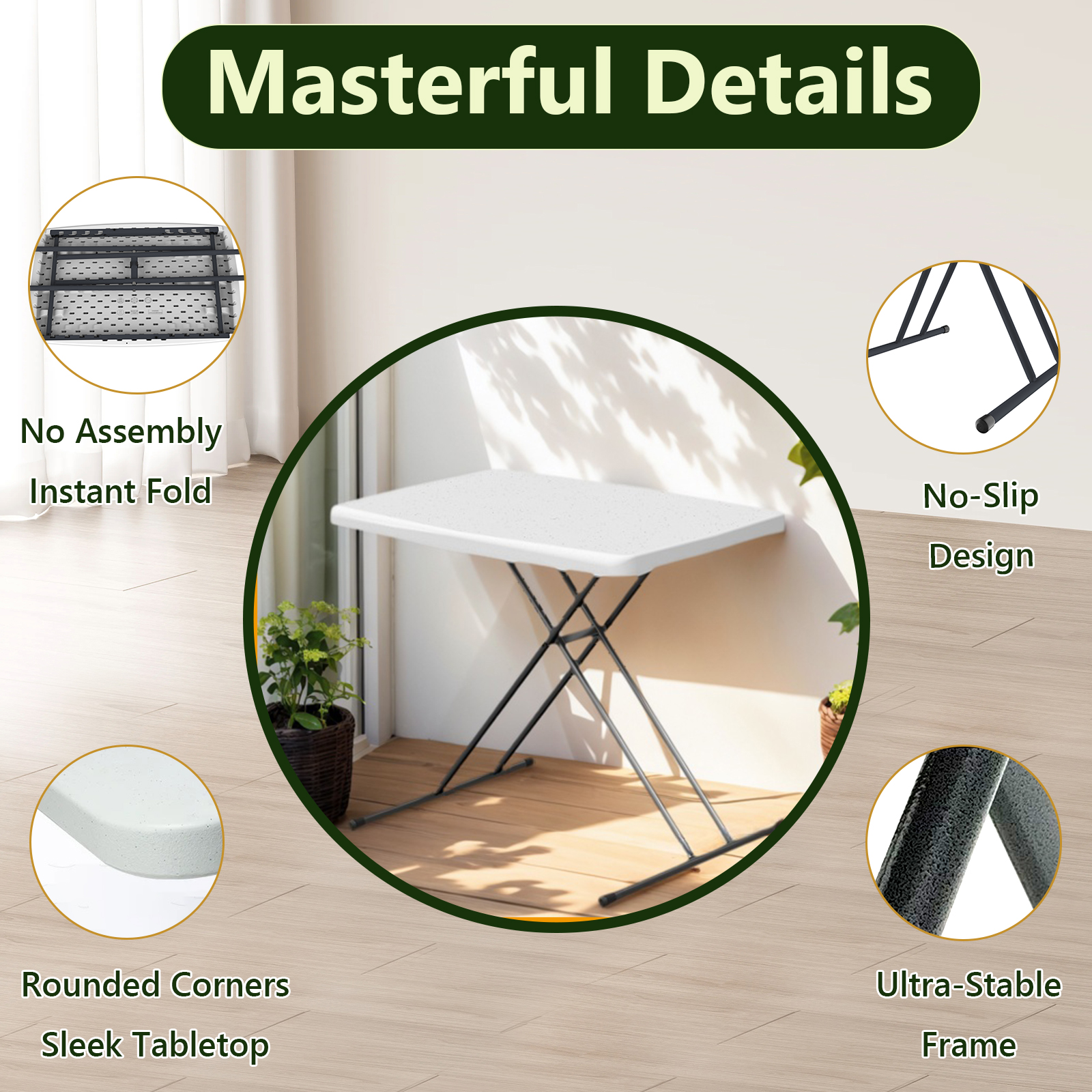 Wasuhe 30" Folding Table with Height Adjustment, White photo 7