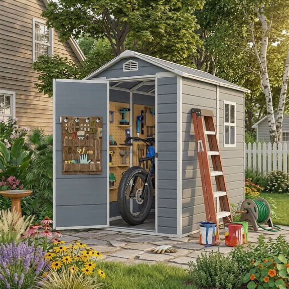 Asofer 6' x 4' Outdoor Storage Shed, Plastic Shed with Floor for Yard, Gray