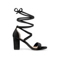 thumbnail image 3 of BLISSFUL STEP Women's Faux Velvet Lace Up Block Heel Strappy Sandals Black (Size 7), 3 of 7