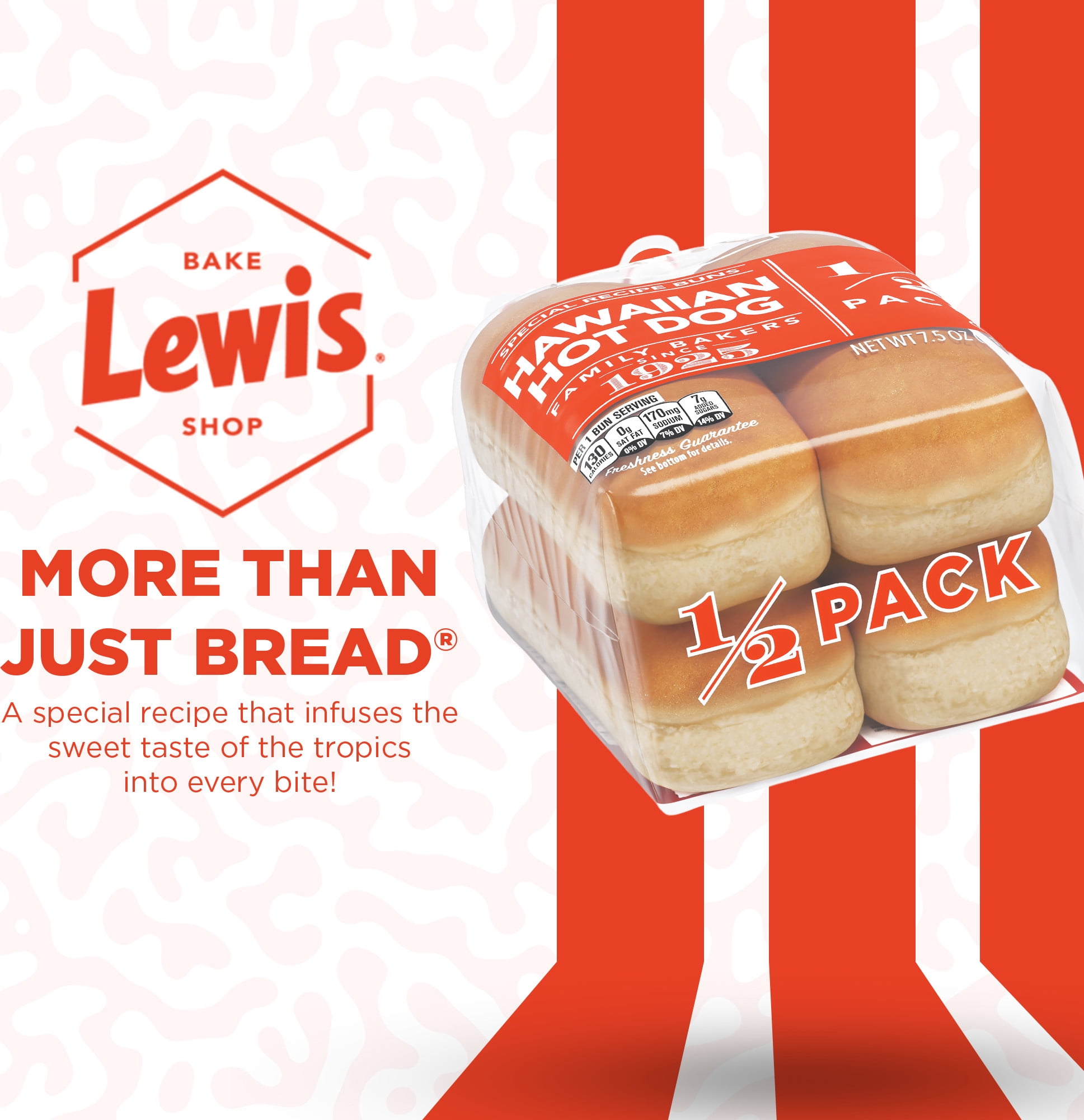 Lewis Bake Shop Hawaiian Half Pack Hot Dog Buns, 7.5 oz, 4 Count