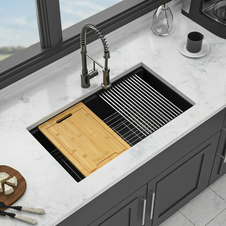 Kichae 32 Inch Granite Composite Undermount Kitchen Sink - Single Bowl Matte Black Quartz Workstation Sink