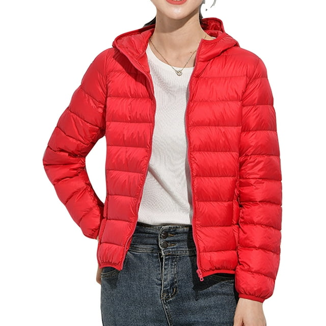 LUXUR Manteau Matelassé pour Femme à Capuche, Manteau d'Extérieur avec Poches, Doudoune Résistante à l'Eau, Fermeture Éclair Intégrale, Rouge, 4TG