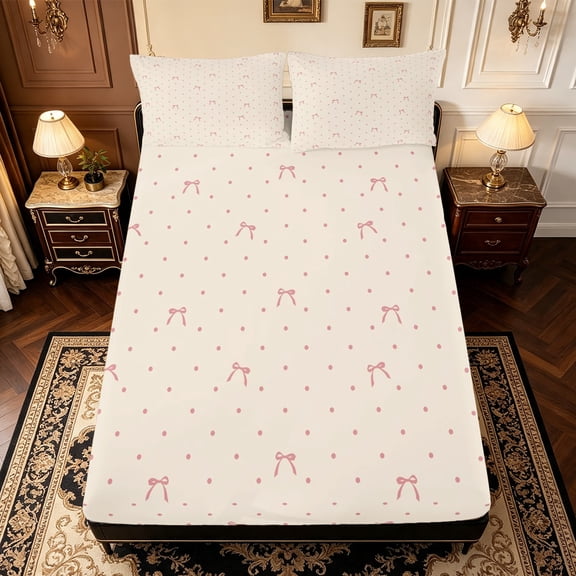 Manfei Cute Coquette Bow Fitted Sheet Full,3D Cartoon Bowknot Print Bed Set,3-Piece,1 Fitted Sheet and 2 Pillowcases