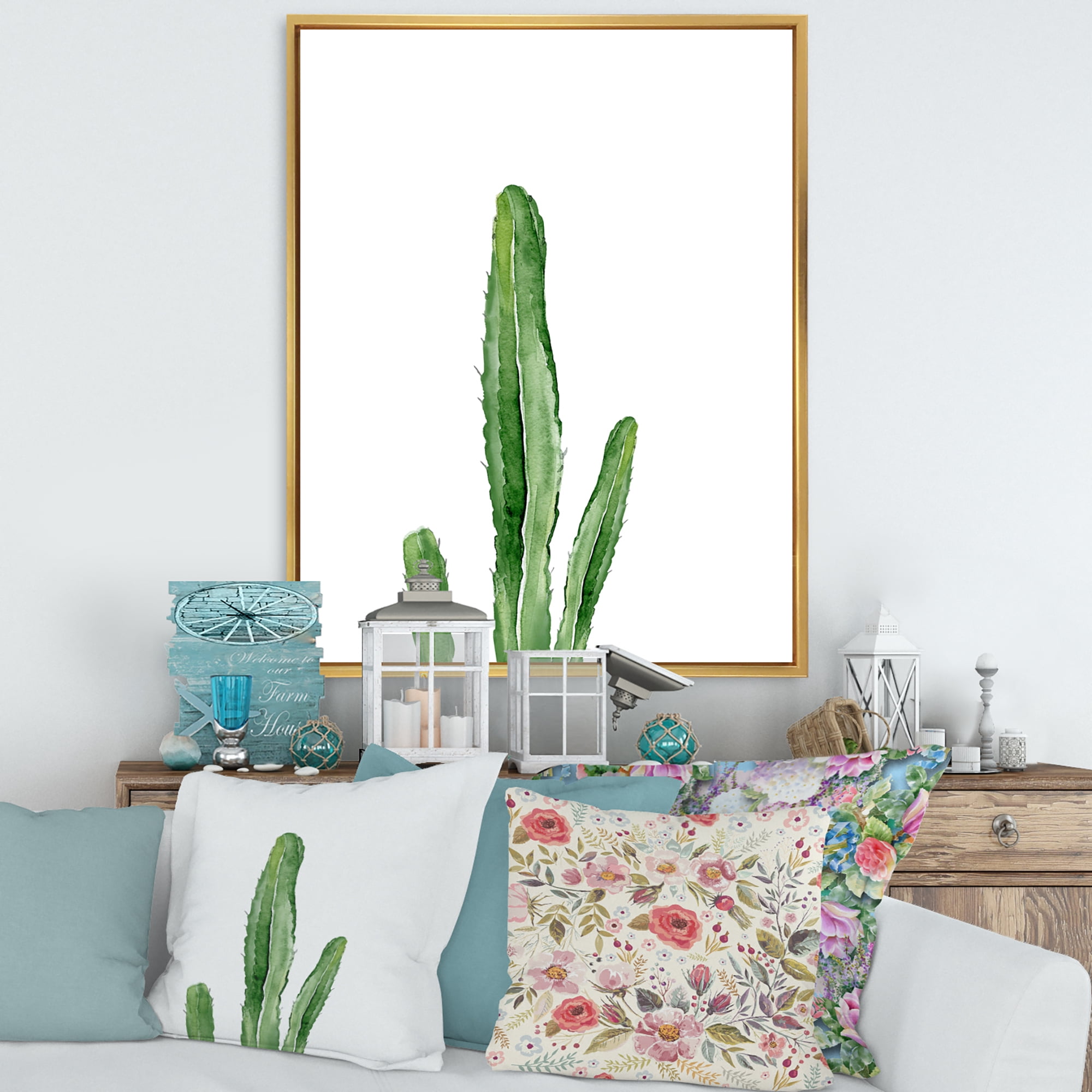 Designart 'Green Cactus South Western Plant' Tropical Framed Canvas Wall Art Print