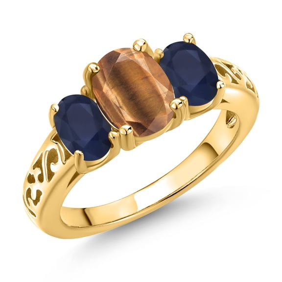 Gem Stone King 18K Yellow Gold Plated Silver Brown Tiger Eye and Blue Sapphire Filigree Style 3 Stone Ring for Women (2.36 Cttw, Oval 8X6MM and 6X4MM, Size 6) (Size 6)