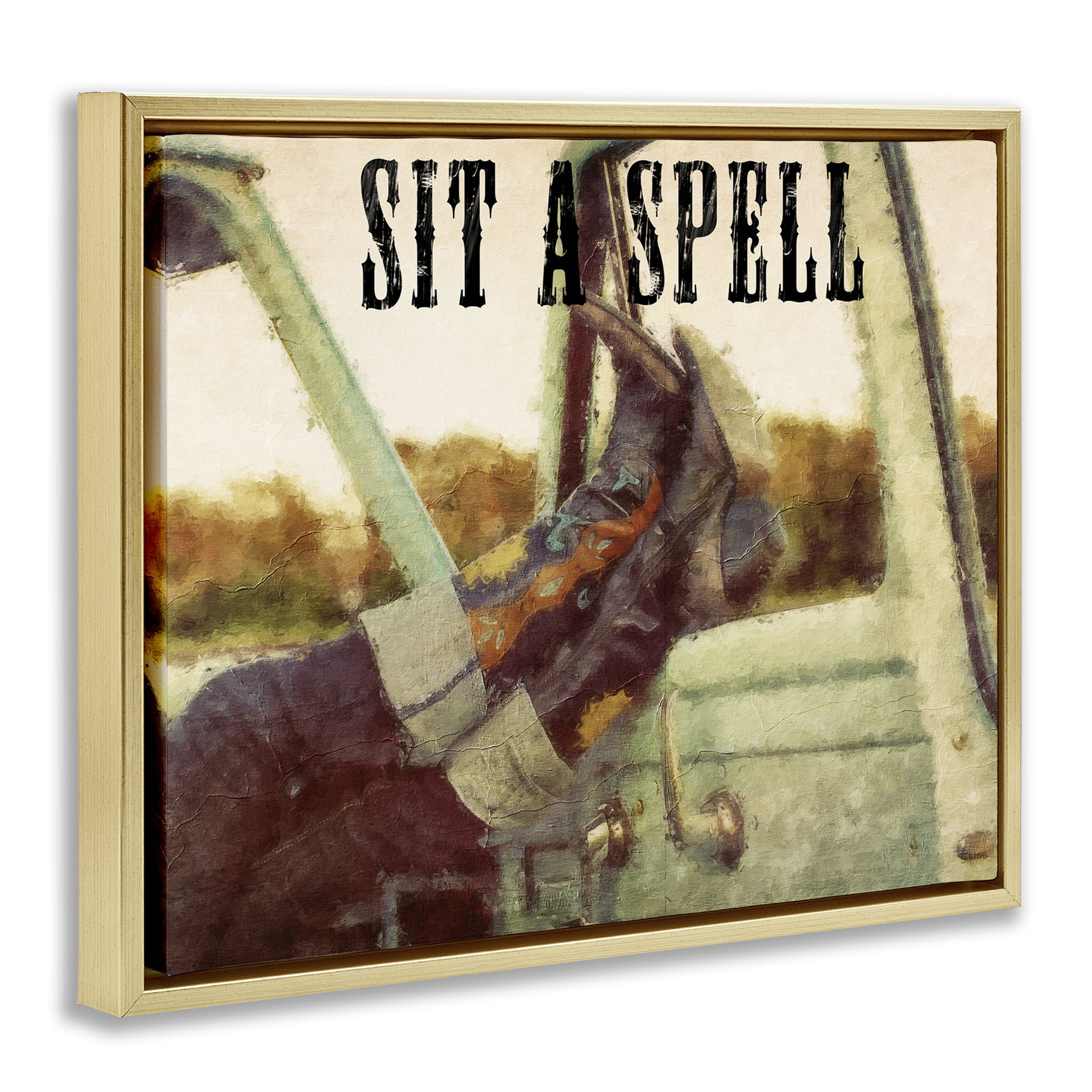 Stupell Industries Sit A Spell Cowboy Typography Painting Gold Floater Framed Art Print Wall Art, 31 x 25