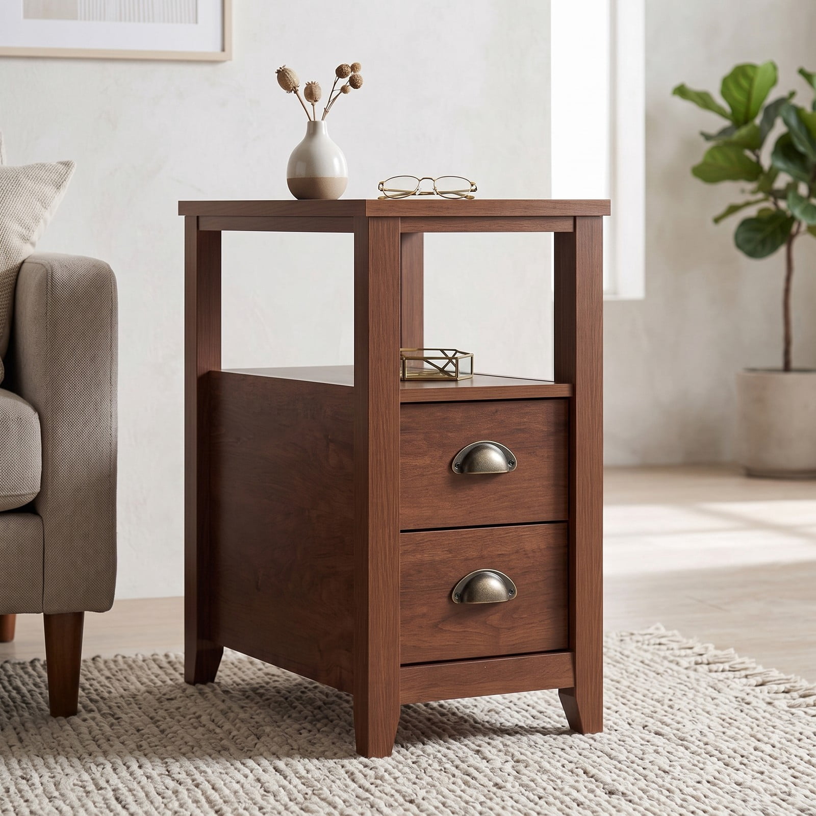 Furnibear Narrow Nightstand with 2 Drawers and Open Shelf Wooden Bedside End Table for the Bedroom and Living Room, Brown