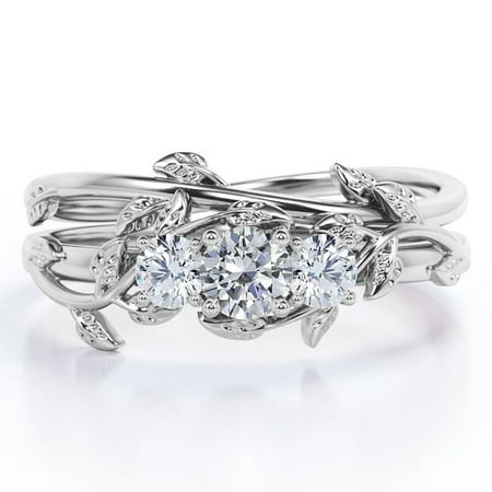 JeenMata Nature-inspired Design 1 Carat Round Brilliant Cut Moissanite Triple Stone Wedding Ring Set in 18K White Gold Plating over Silver