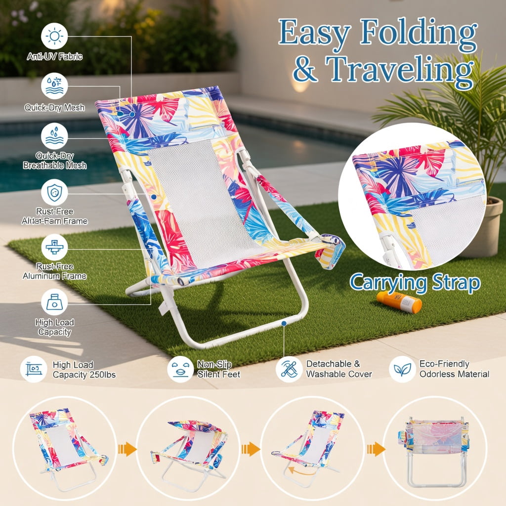 Hommoo 2-Pack Foldable Low Beach Chairs with Padded Headrest, Breathable Mesh Back & Cup Holder, Patio Sling Chairs for Outdoor, Pool, Camping, Pink