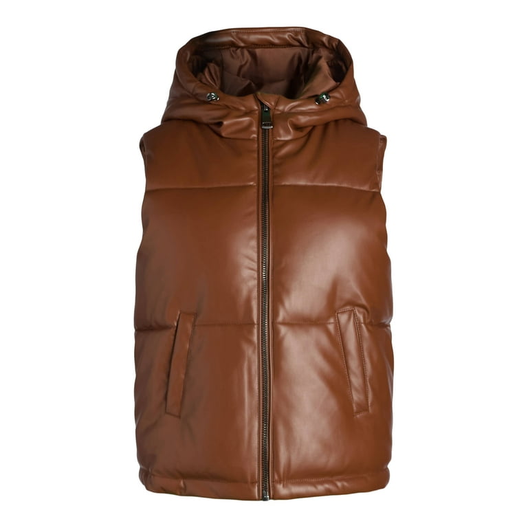 Scoop Women's Faux Leather Hooded Puffer Vest, Midweight