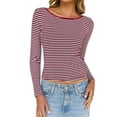 thumbnail image 3 of IWEMEK Women Fall Tops Red Striped Long Sleeve Shirts Round Neck Casual T-Shirts Drawstring Size S, 3 of 7