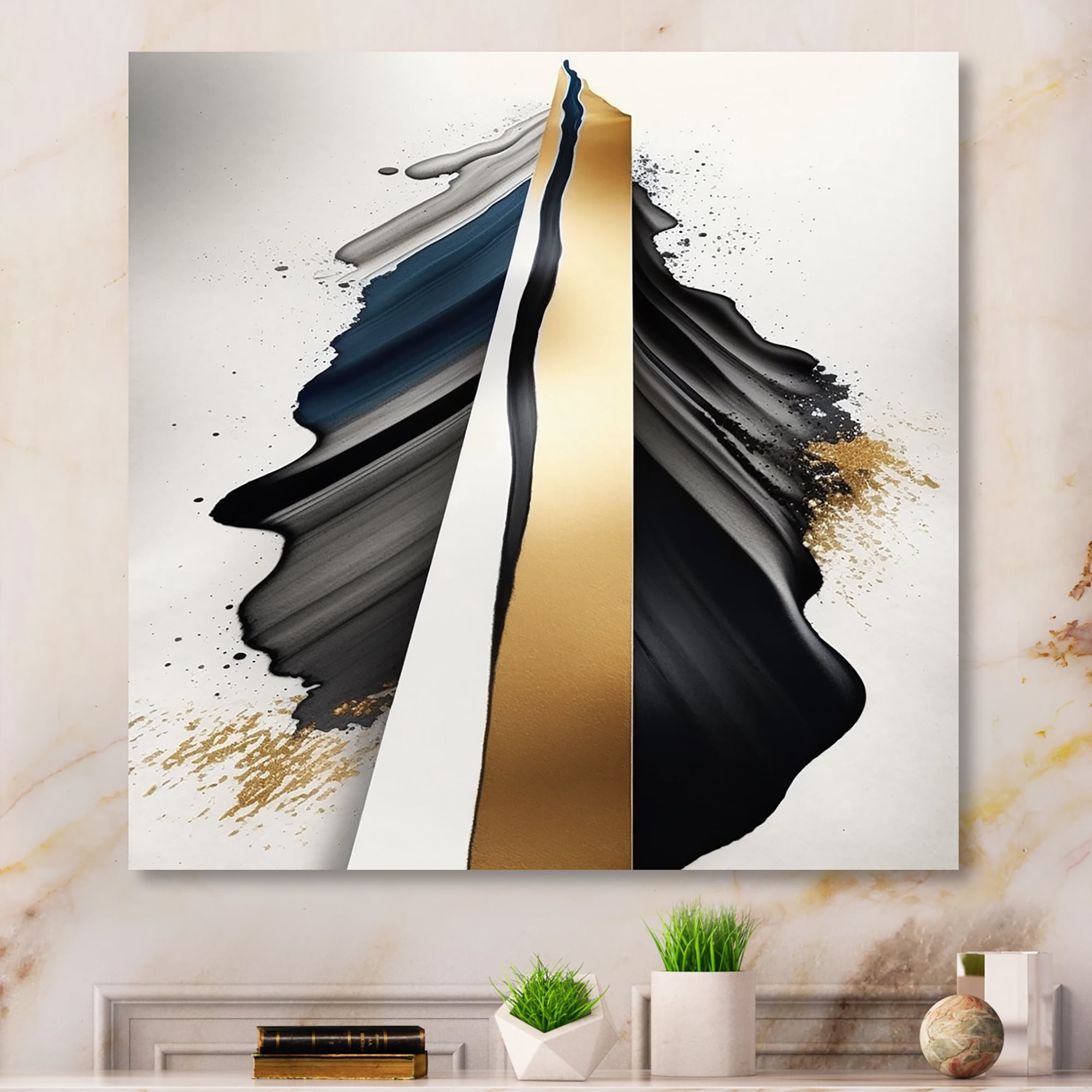 Designart Black And Gold Cubic Expression VII Canvas Wall Art