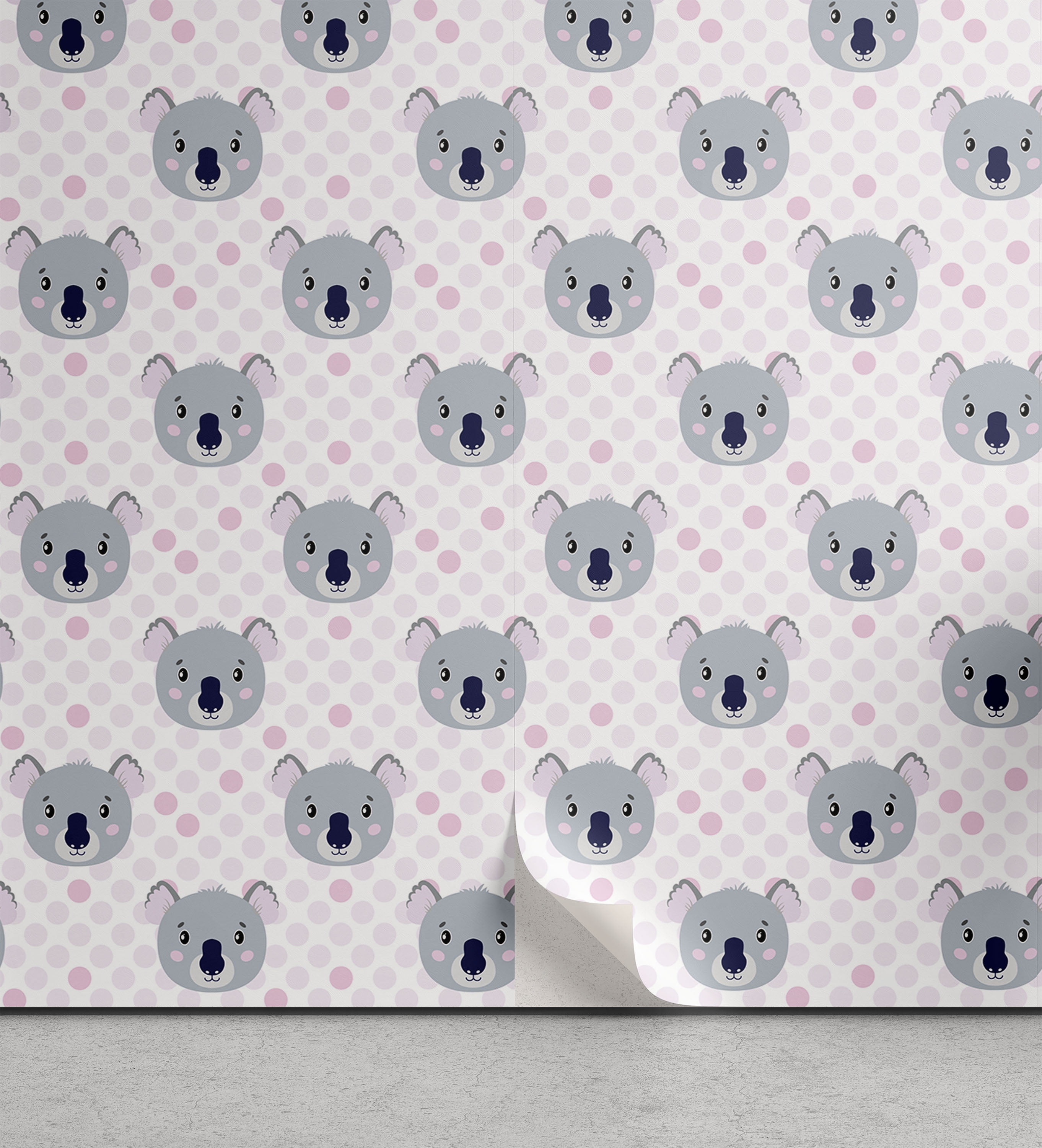 Cartoon Peel & Stick Wallpaper, Print of Funny Looking Koala Faces and