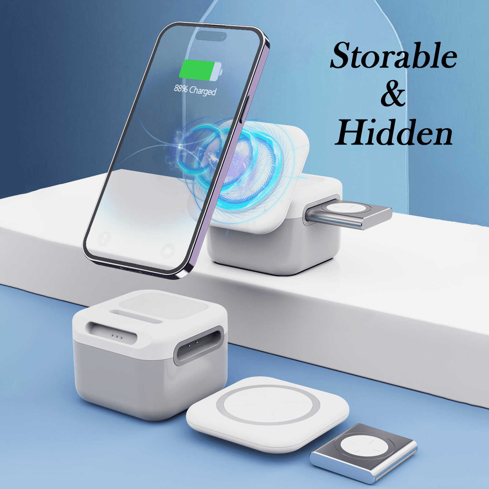 3 in 1 Charging Station for Apple, Wireless Phone Charger Stand with Night Lamp, Travel Foldable Magnetic Cube Magsafe Dock for iPhone 16 15 14 13 12 Series/Apple Watch/Airpods