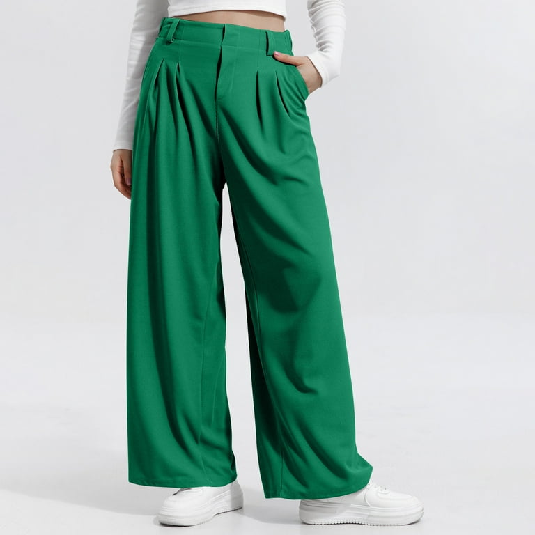 hxshgdsn Women's Wide Leg Pants Business Casual Work Dress Pants with Pockets High Waist Pleated Loose Trouser Long Pants (xl, Green)