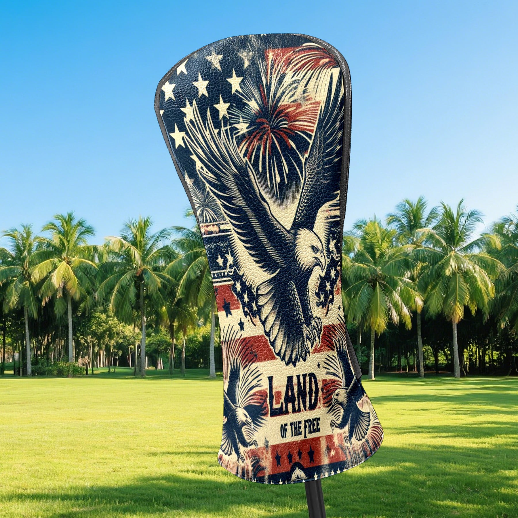 Golf Club Covers, Dark Blue Americana Eagle Premium PU Leather Driver Hybrid Putter Head Covers with Velvet Lining, Waterproof Golf Gifts for Men Women