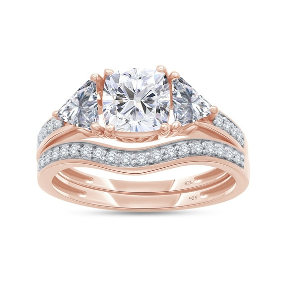 AFFY 4.5CT Cushion & Round White CZ Engagement Bridal Ring 14K Rose Gold over Silver-10