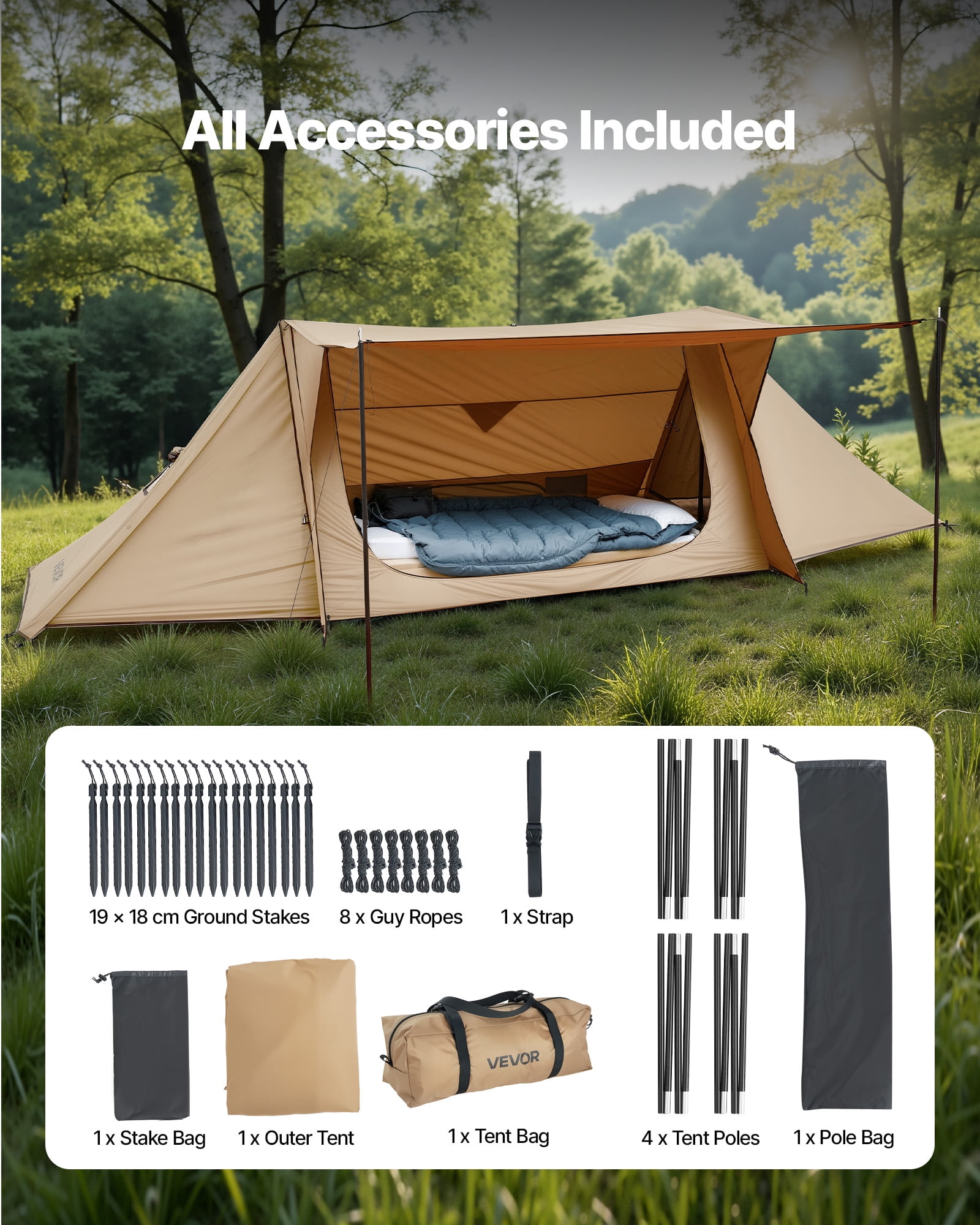 VEVOR Camping Hot Tent, Lightweight Bushcraft Tent with Stove Jack & 2 Tarp Poles, Waterproof Winter Hot Tents Shelters, Portable 4 Season Tents for 2 Persons Hiking Fishing Hunting Backpacking