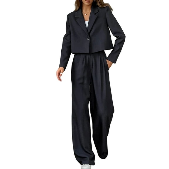 Women'S 2 Piece Suit Set Cropped Blazer Wide Leg Pants Business Casual Outfits Work Office Clothes Dark Gray M