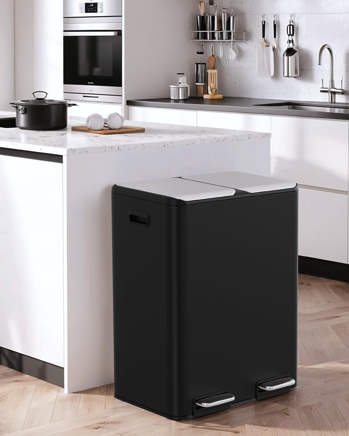 LAZY BUDDY 60 Liter / 16 Gallon Dual Trash Can, Rectangular Recycling Step Garbage Can for Kitchen, Stainless Steel