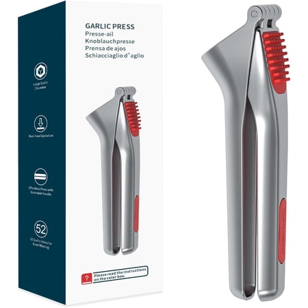 Heavy-Duty Garlic Press with Built-in Scraper & Cleaning Pusher, No Peeling Garlic Crusher with Large Chamber, Zinc Alloy Garlic Mincer, Dishwasher Safe